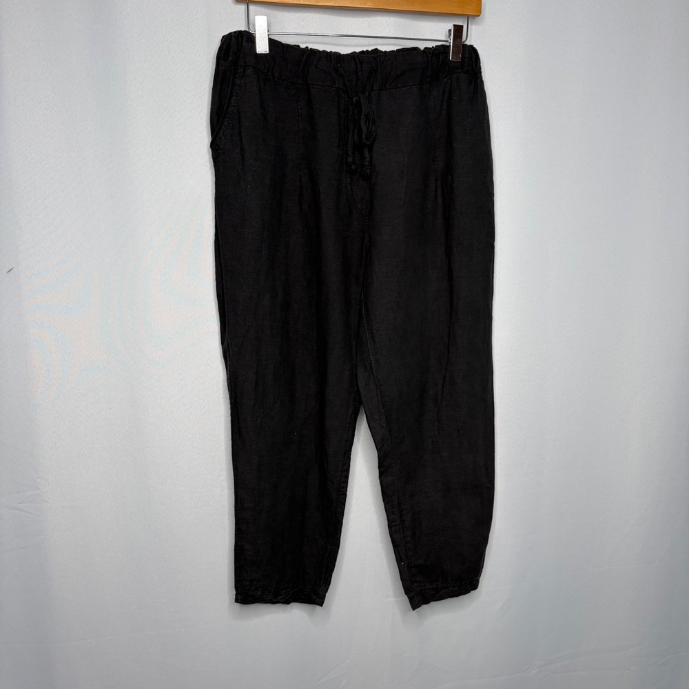 Belle France Black 100% Linen Drawstring Pants Made in Italy One Size